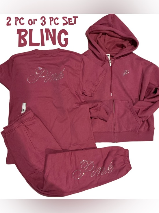 PINK Victoria's Secret Tops - NEW VICTORIAS SECRET PINK BLING FULL ZIP HOODIE, JOGGERS & TEE SHIRT 3PC SET